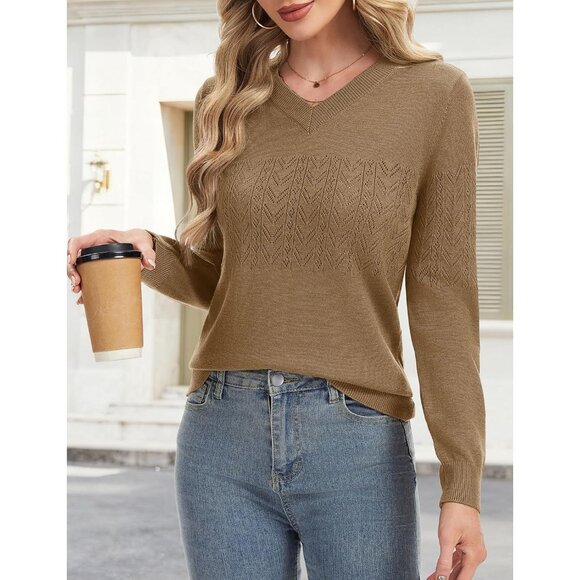 Women's Camel Wool Long Sleeve Crochet Pullover V Neck Lightweight Sweater - Picture 3 of 7